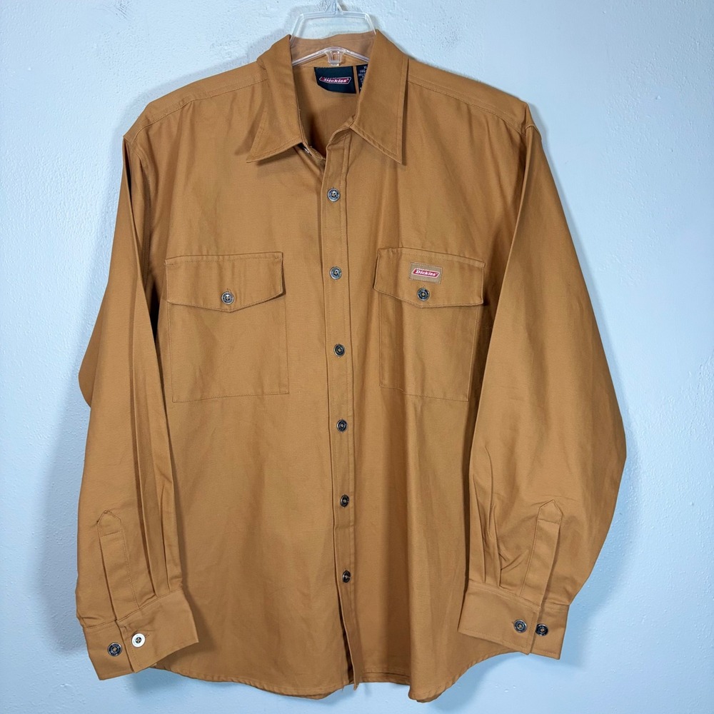 Genuine Dickies Mens XL Brown Duck Canvas Long Sleeve Button Up Work Shirt Tough